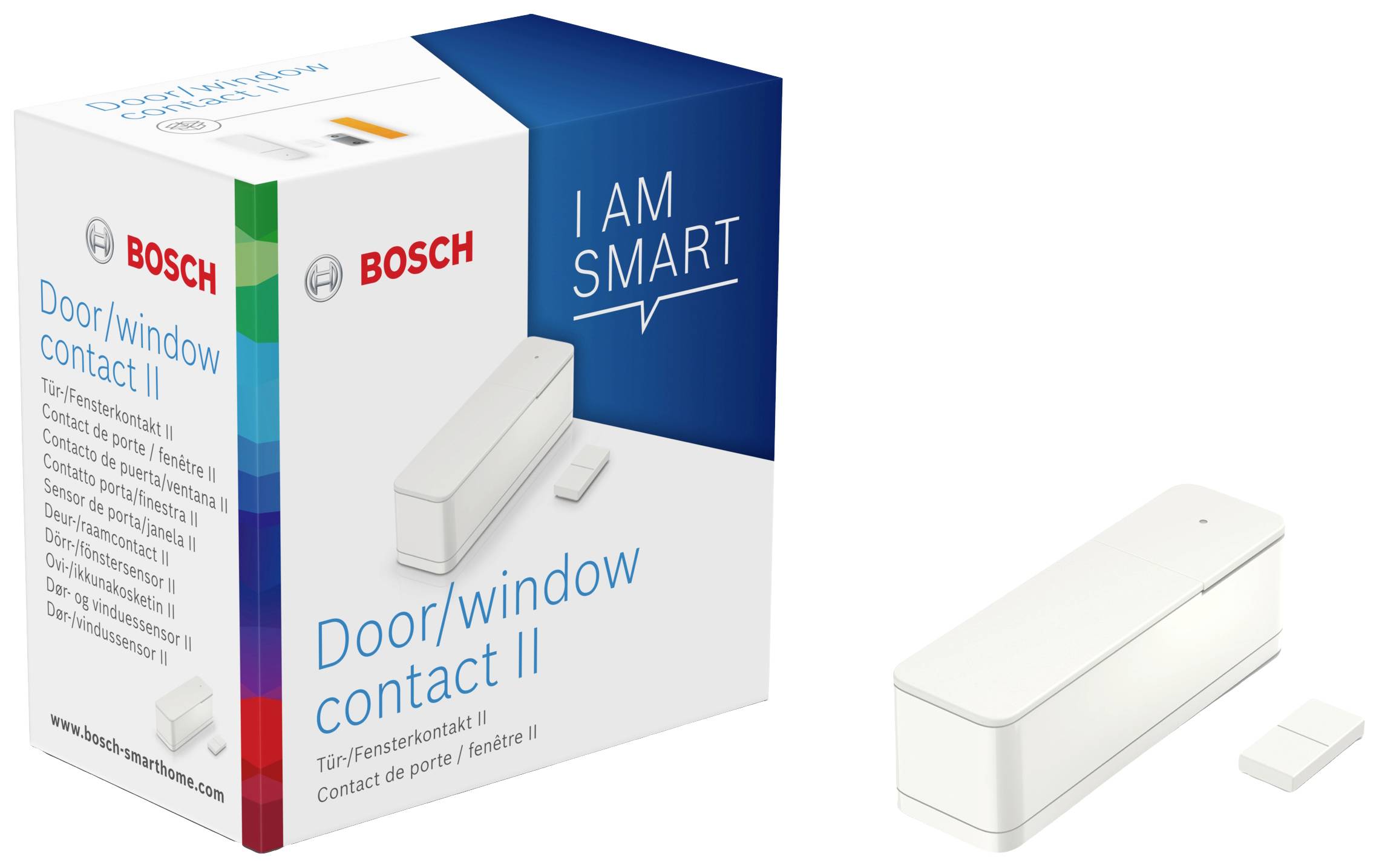 'Bosch Tür-/Fensterkontakt II' Verpackung und Gerät. Sensor überwacht, ob Türen oder Fenster geöffnet/geschlossen sind.