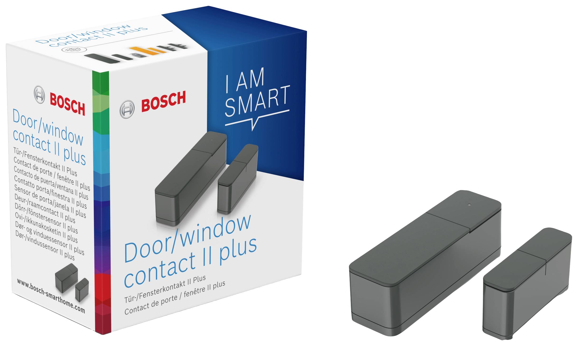 Verpackung und Tür-/Fensterkontakt-Sensor von Bosch. Aufdruck 'I AM SMART'. Zur smarten Hausüberwachung.