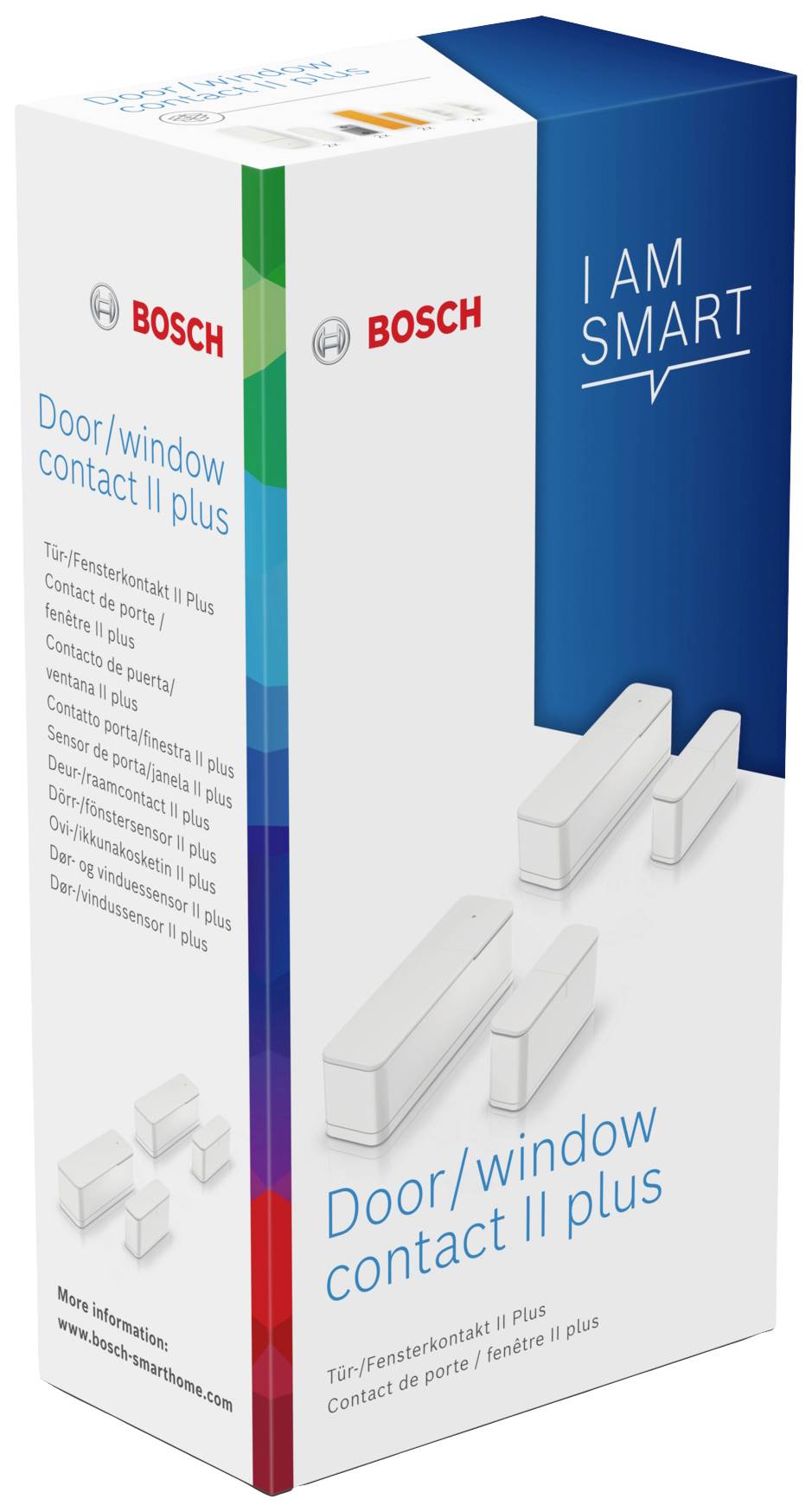 Verpackung eines Tür-/Fensterkontakts mit der Aufschrift 'I am smart' und Markenlogo. Gerät zur Überwachung von Tür- oder Fensteröffnung.