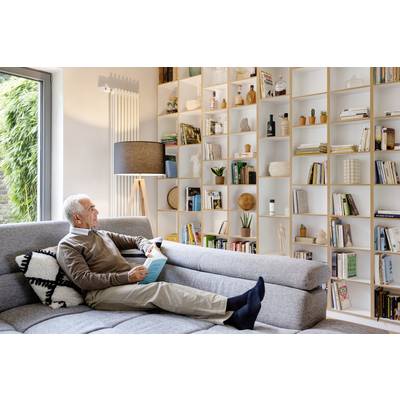 Ein älterer Mann sitzt auf einem grauen Sofa in einem modernen Wohnzimmer und liest ein Buch. Im Hintergrund stehen Bücherregale.