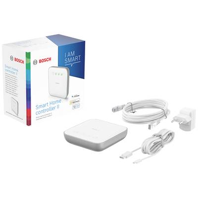 BOSCH Smart Home Controller II mit Verpackung, Netzteil, USB- und Ethernet-Kabel. Aufschrift auf Verpackung: 'I AM SMART'.