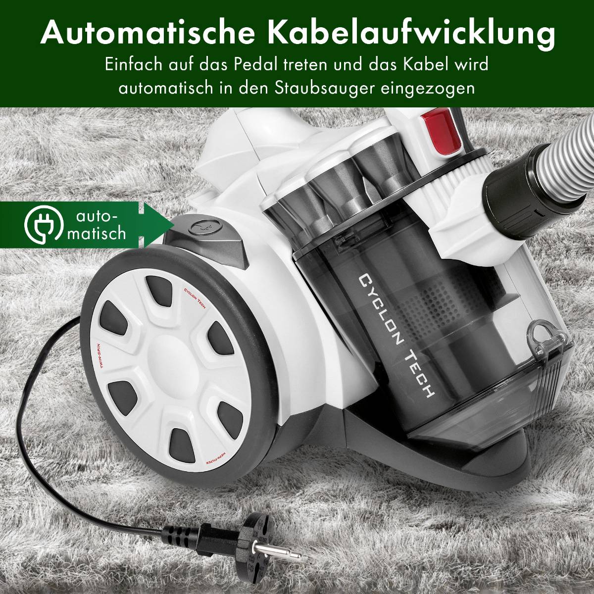 Ein Staubsauger auf einem Teppich zeigt die automatische Kabelaufwicklung. Das Kabel wird durch einen Fußtritt automatisch eingezogen.