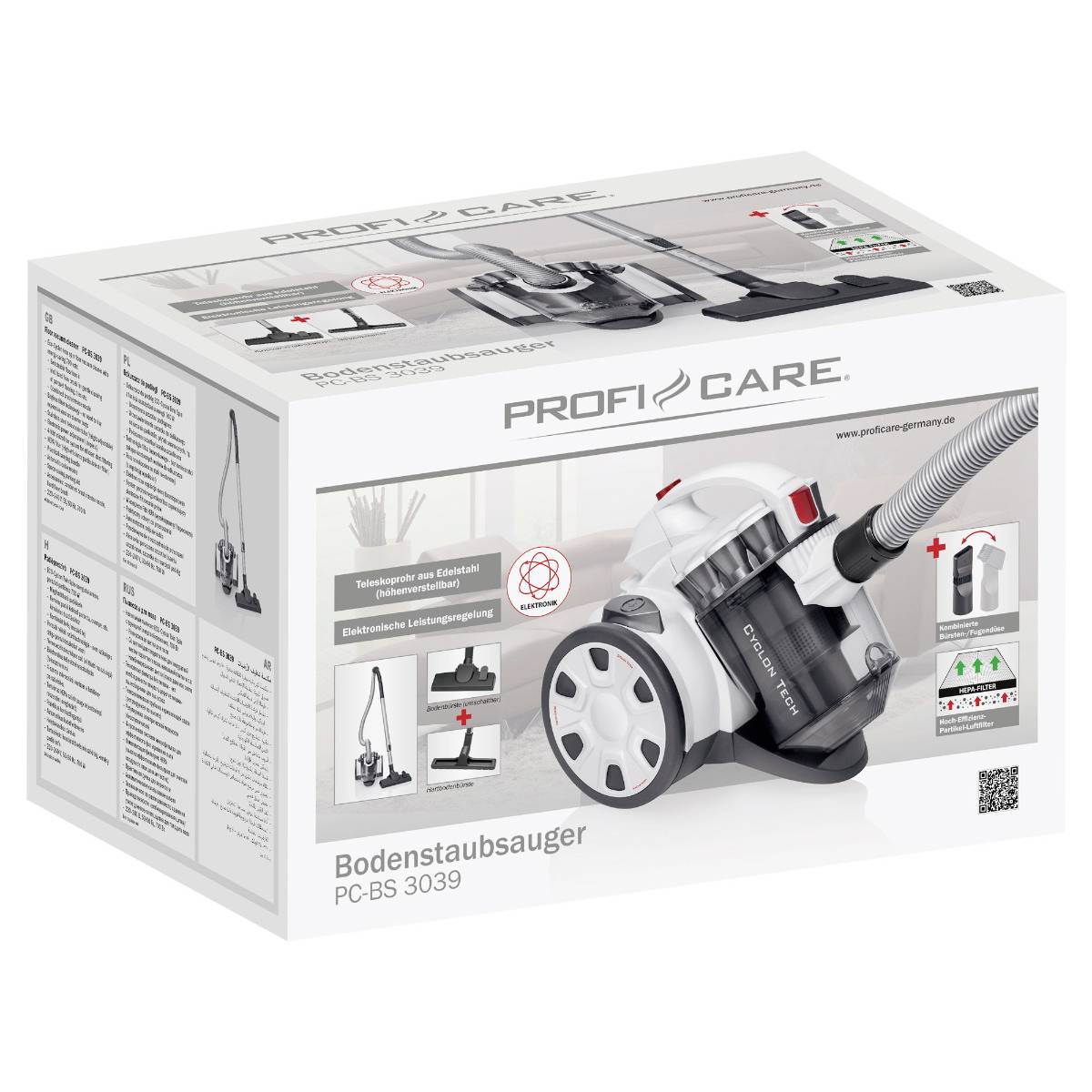 Ein weißer Bodenstaubsauger mit schwarzem und rotem Detail auf der Verpackung. Marke: Profi Care. Modell: PC-BS 3039.