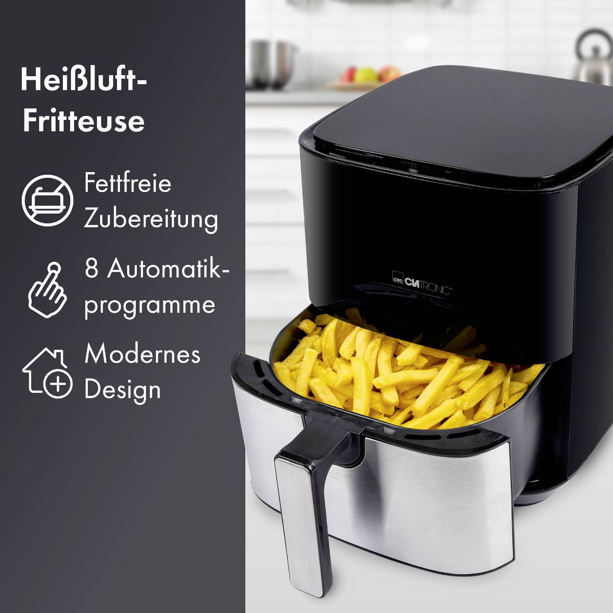 Eine Heißluftfritteuse mit geöffnetem Fach zeigt knusprige Pommes. Links sind Symbole für Fettfreiheit, 8 Automatikprogramme und modernes Design.