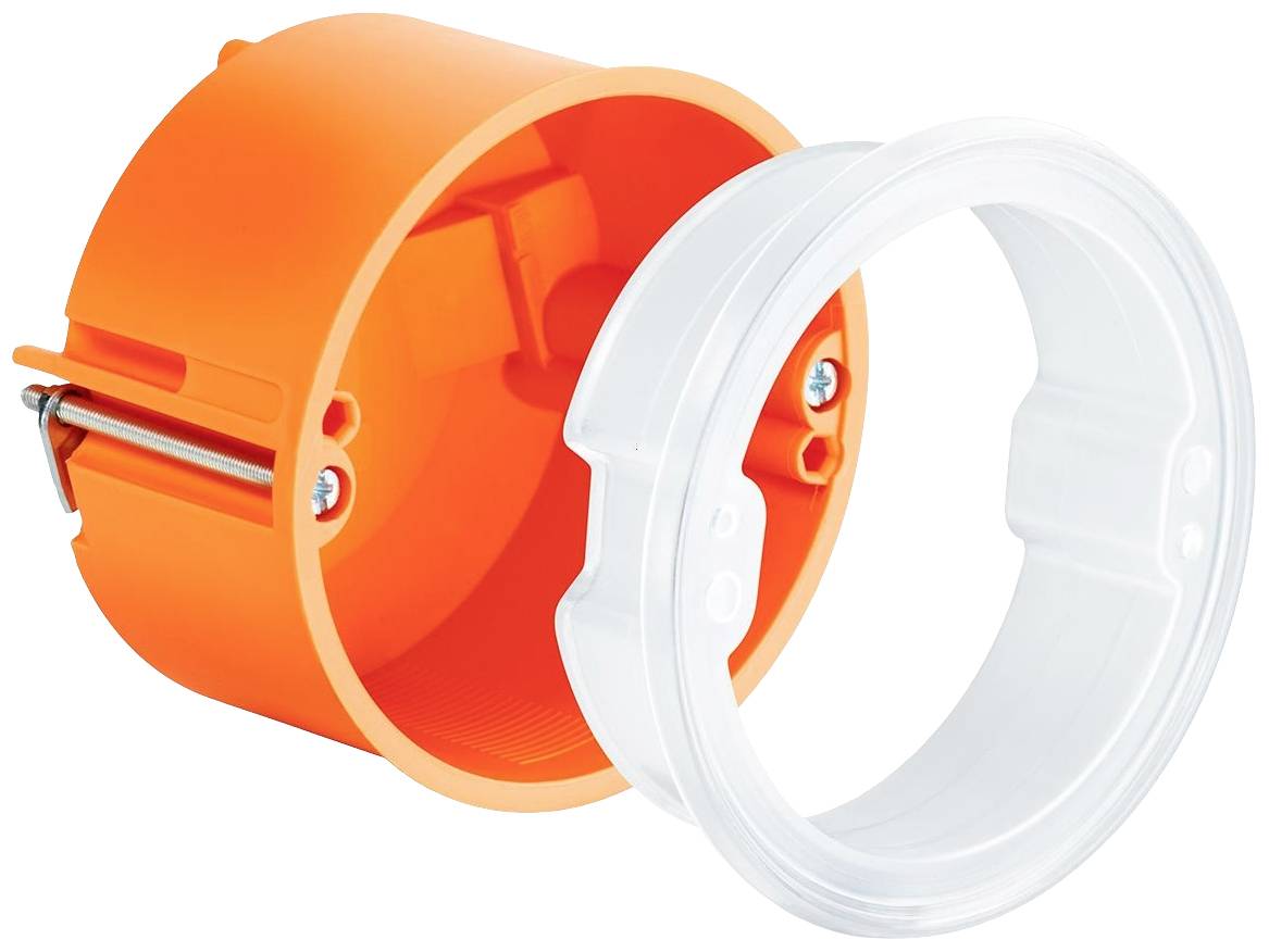 Runder, orangefarbener Hohlwanddosenkörper mit einem transparenten Ring, aus Kunststoff. Dient zur Unterputzmontage in Hohlwänden.