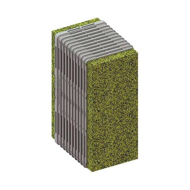 'Ein vertikaler Pflanzkasten mit modularen Elementen, die begrünt sind und zur vertikalen Begrünung in städtischen Umgebungen dienen.'