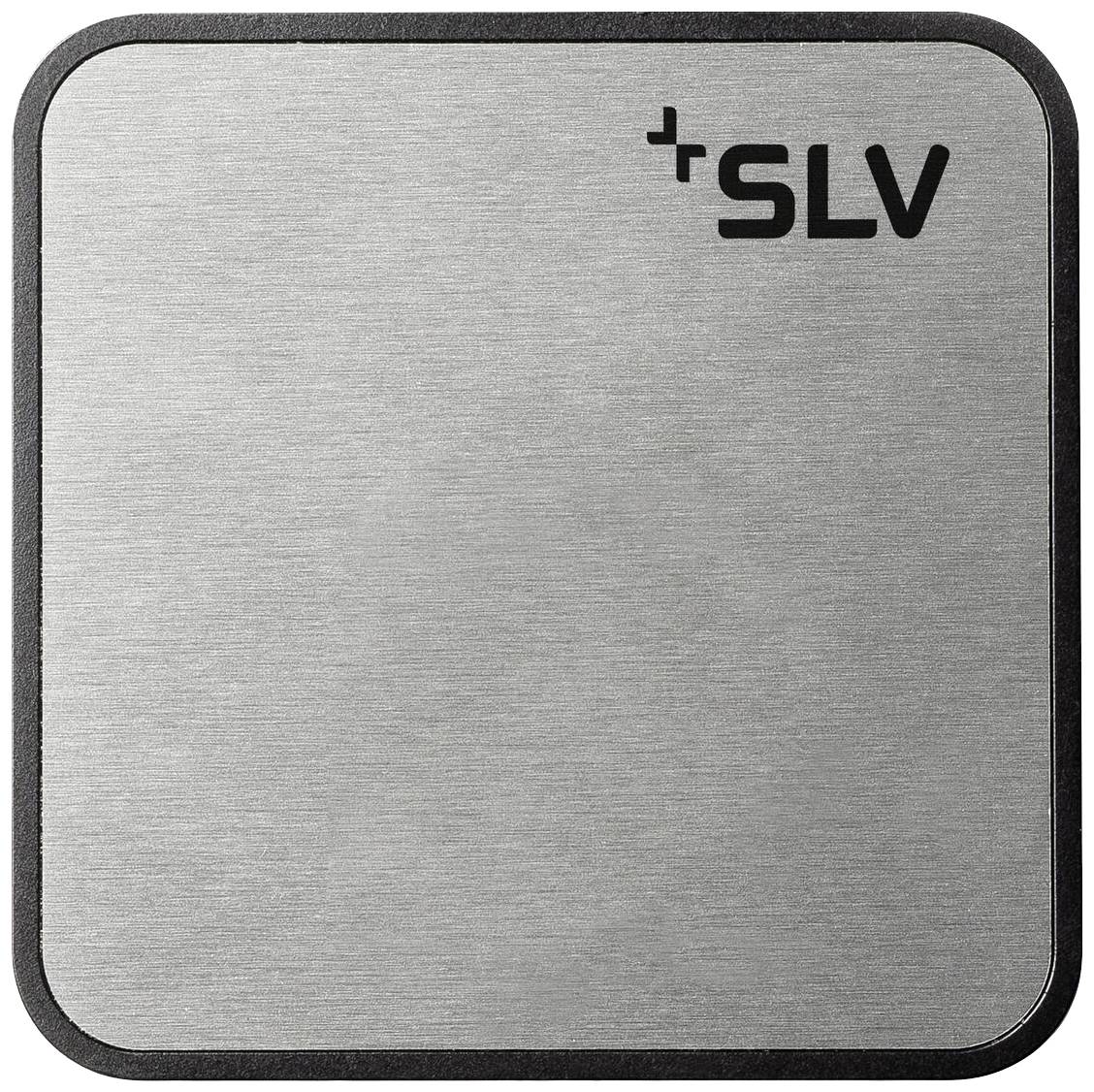 Quadratische, flache, silberne Metallplatte mit abgerundeten Ecken, minimalistischem Design und schwarzem 'SLV'-Logo in der oberen rechten Ecke.