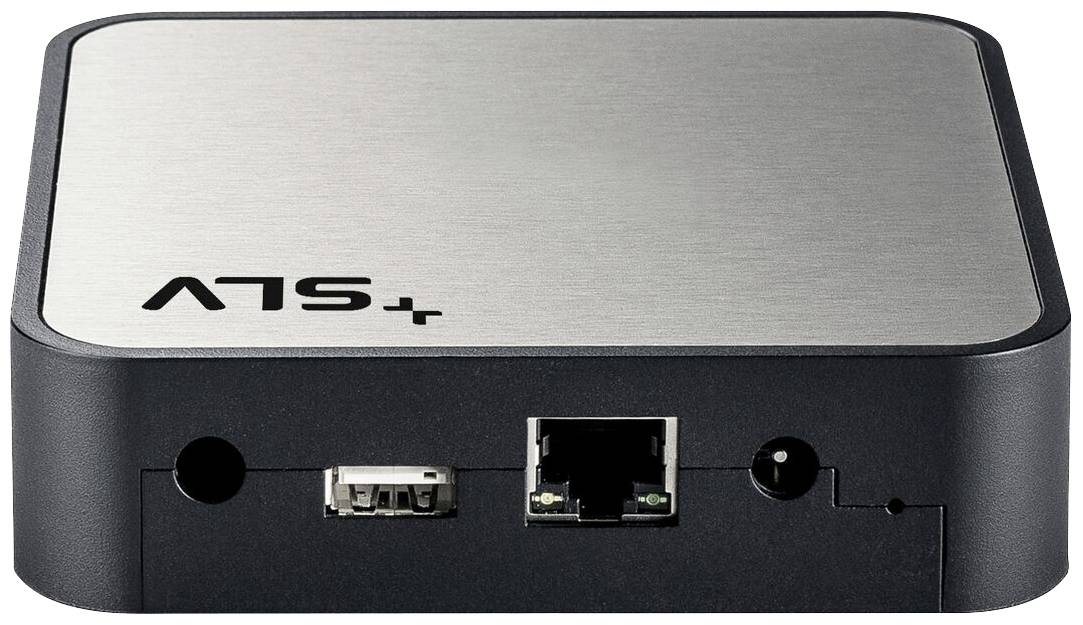 Ein kompakter, quadratischer Netzwerkadapter mit Metalloberfläche. Er verfügt über Ethernet-, USB-Anschlüsse und eine Einschalttaste.