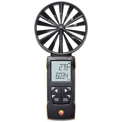 Ein Anemometer mit großem Flügelrad zeigt die Messungen '2.79 m/s' und '60.34 m³/h' auf dem Display an.