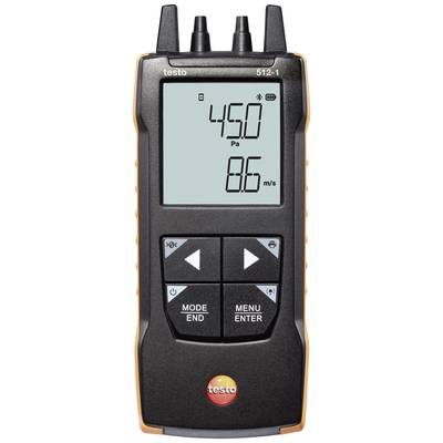 Handheld-Druckmessgerät mit digitalem Display zeigt '450 Pa' und '86 m/s'. Enthält Tasten für Modus und Menü. Modifikationsgerät für Luftströmungsmessungen.