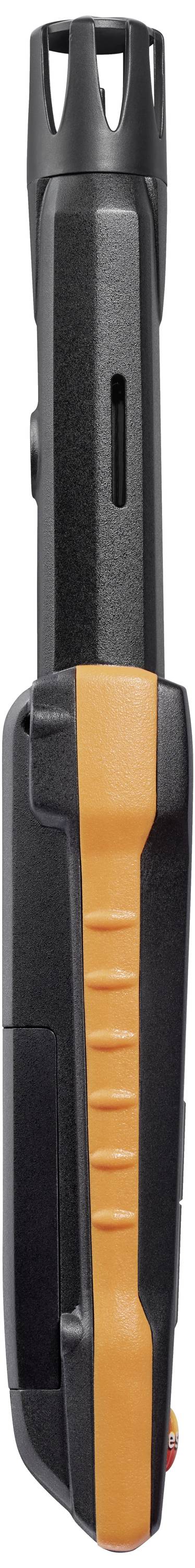 Ein schwarzes und oranges elektronisches Handgerät, betrachtet von der Seite. Es hat eine längliche Form mit mehreren Knöpfen.