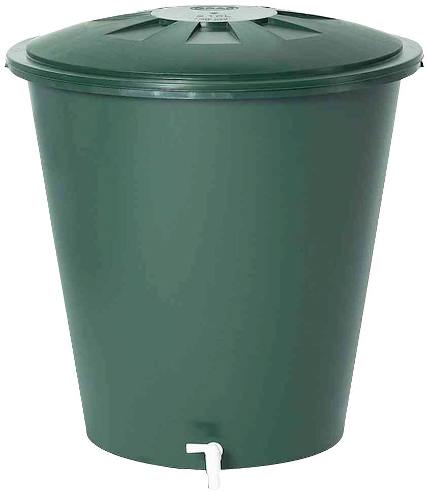 Grüner Regentonnenbehälter mit Deckel und weißem Hahn am unteren Rand, geeignet für die Sammlung von Regenwasser im Garten.