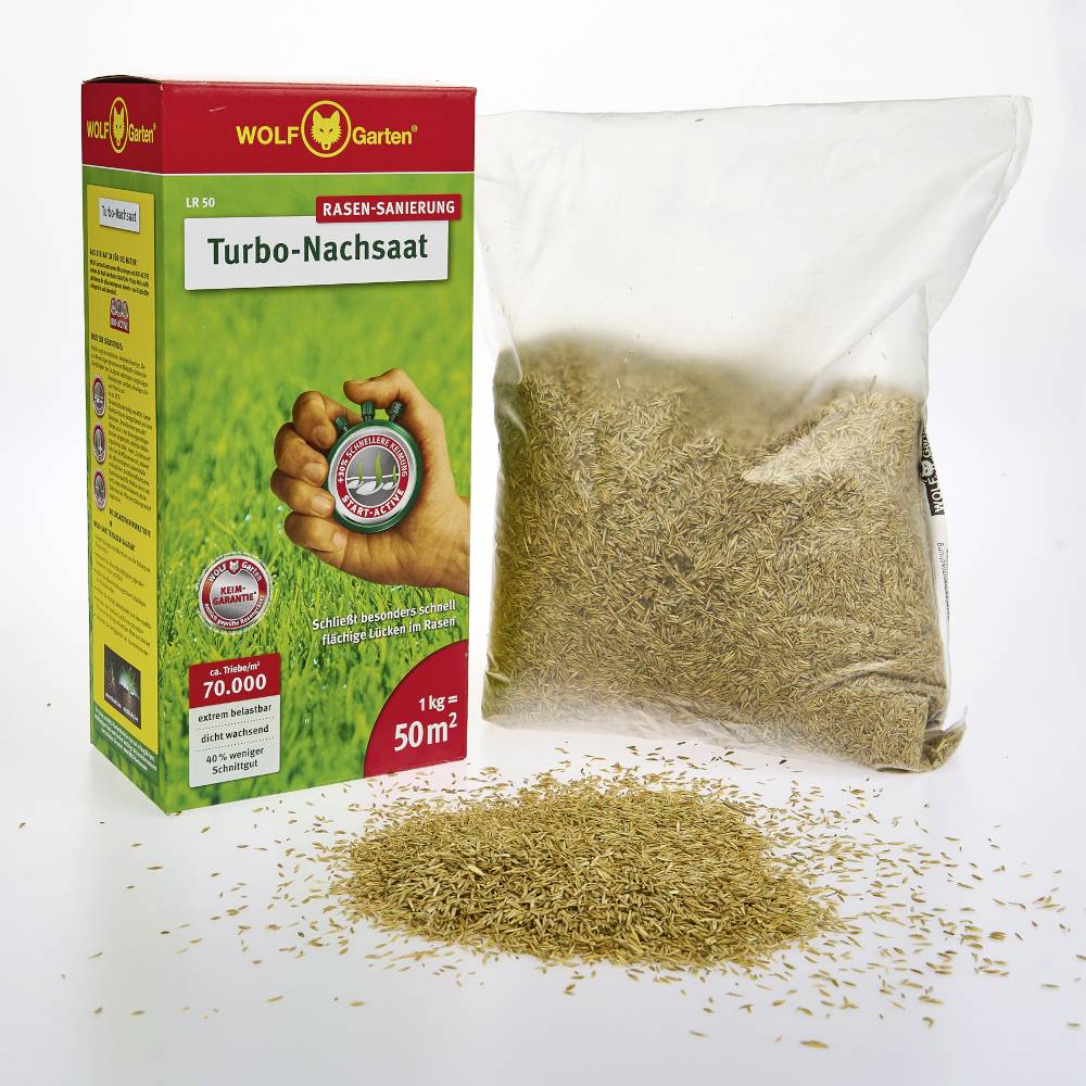 Verpackung von WOLF-Garten Turbo-Nachsaat-Rasensamen neben einem geöffneten Beutel mit Samen. Text auf der Box: 'Rasen-Sanierung'.