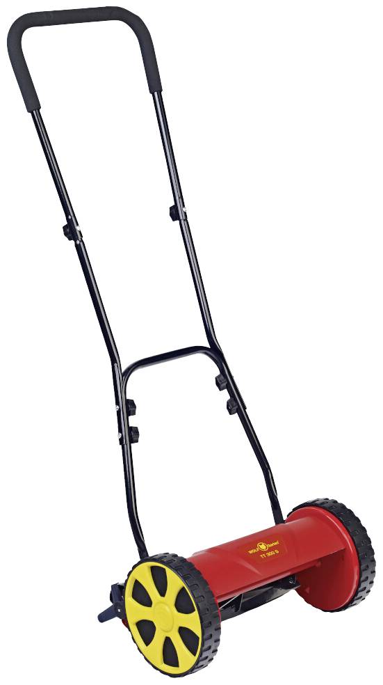 Ein roter Handrasenmäher mit gelben Rädern, schwarzem Griff. Ideal zum manuellen Rasenmähen ohne Motor.