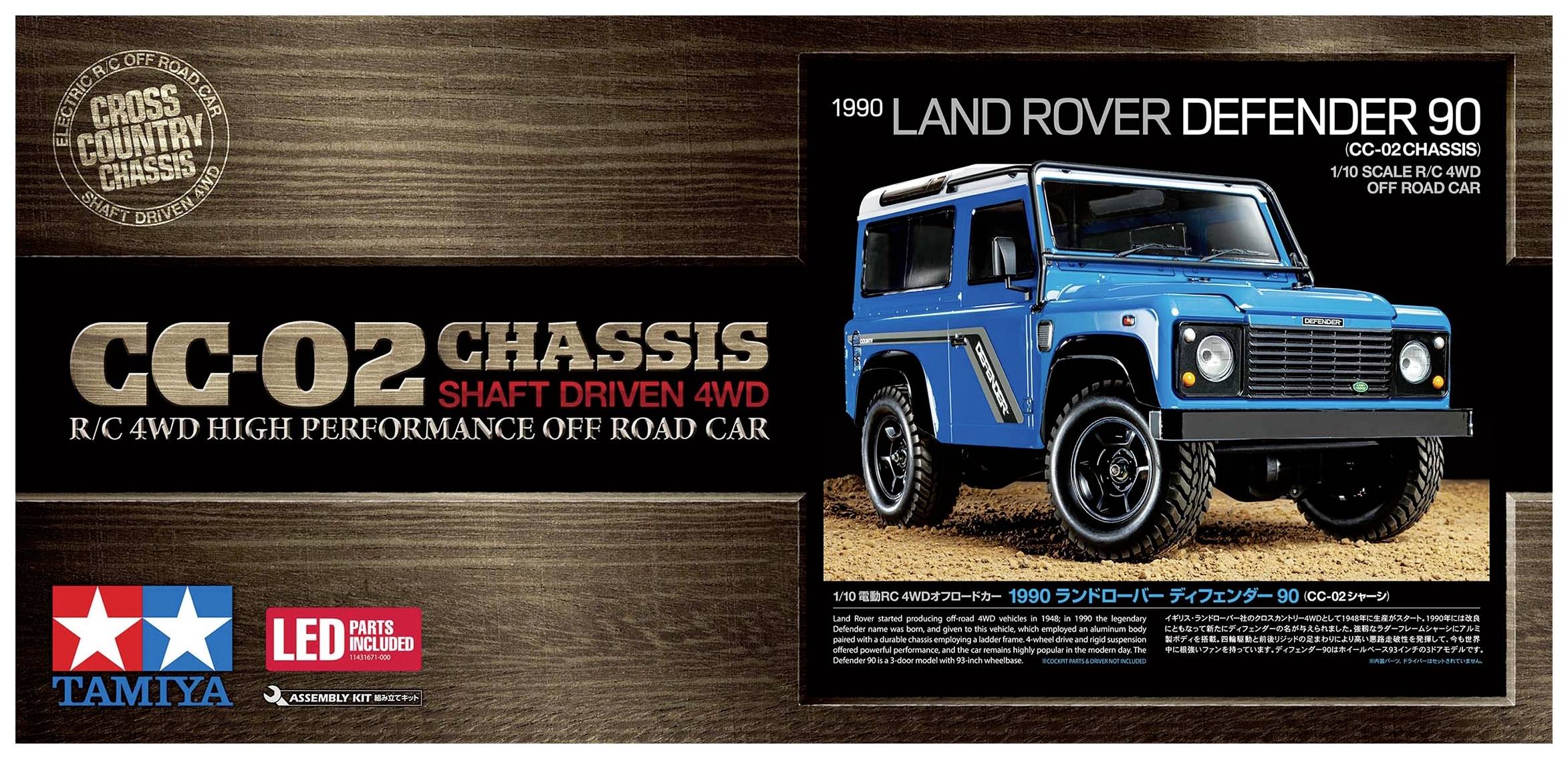 Modellbausatz-Abbildung eines blauen 1990er Land Rover Defender 90 auf Tamiya-Verpackung. Enthält technische Spezifikationen.