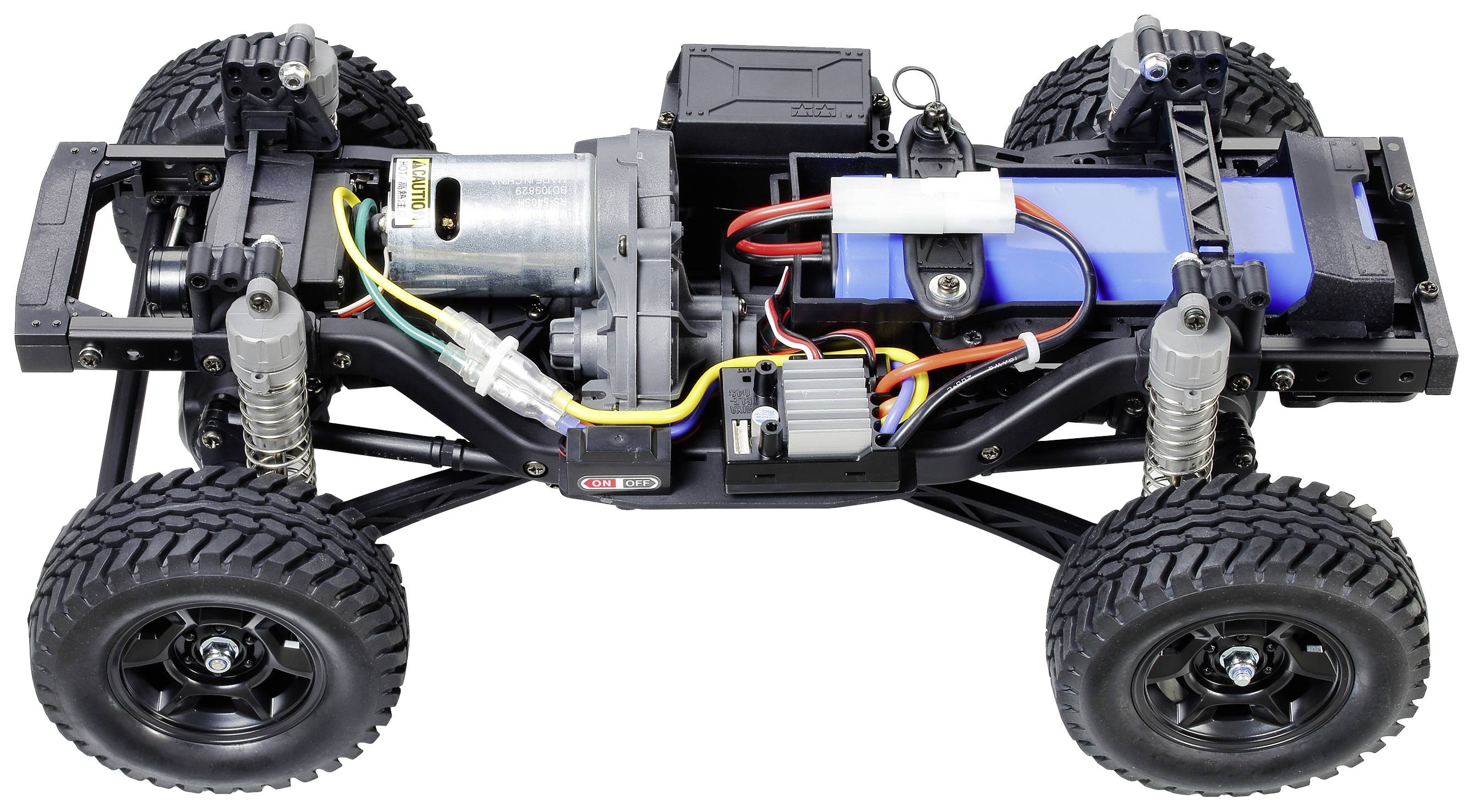 Ferngesteuertes Auto-Chassis mit sichtbarem Elektromotor, Verkabelung und Fahrzeugsuspension. Zeigt die technischen Innenteile.