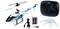 Ferngesteuertes Modellhubschrauber-Set mit blau-weißem Hubschrauber, Fernbedienung, Akkus, Ladegerät, Ersatzrotoren und Schraubendreher.