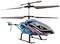 Ferngesteuerter Hubschrauber mit blau-schwarzem Design und aggressiver Hai-Grafik, zwei Rotorblättern und stabilen Landebeinen.
