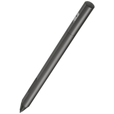 Grauer Eingabestift mit einer spitz zulaufenden Spitze. Oberhalb ist das Logo einer Elektronikmarke sichtbar.