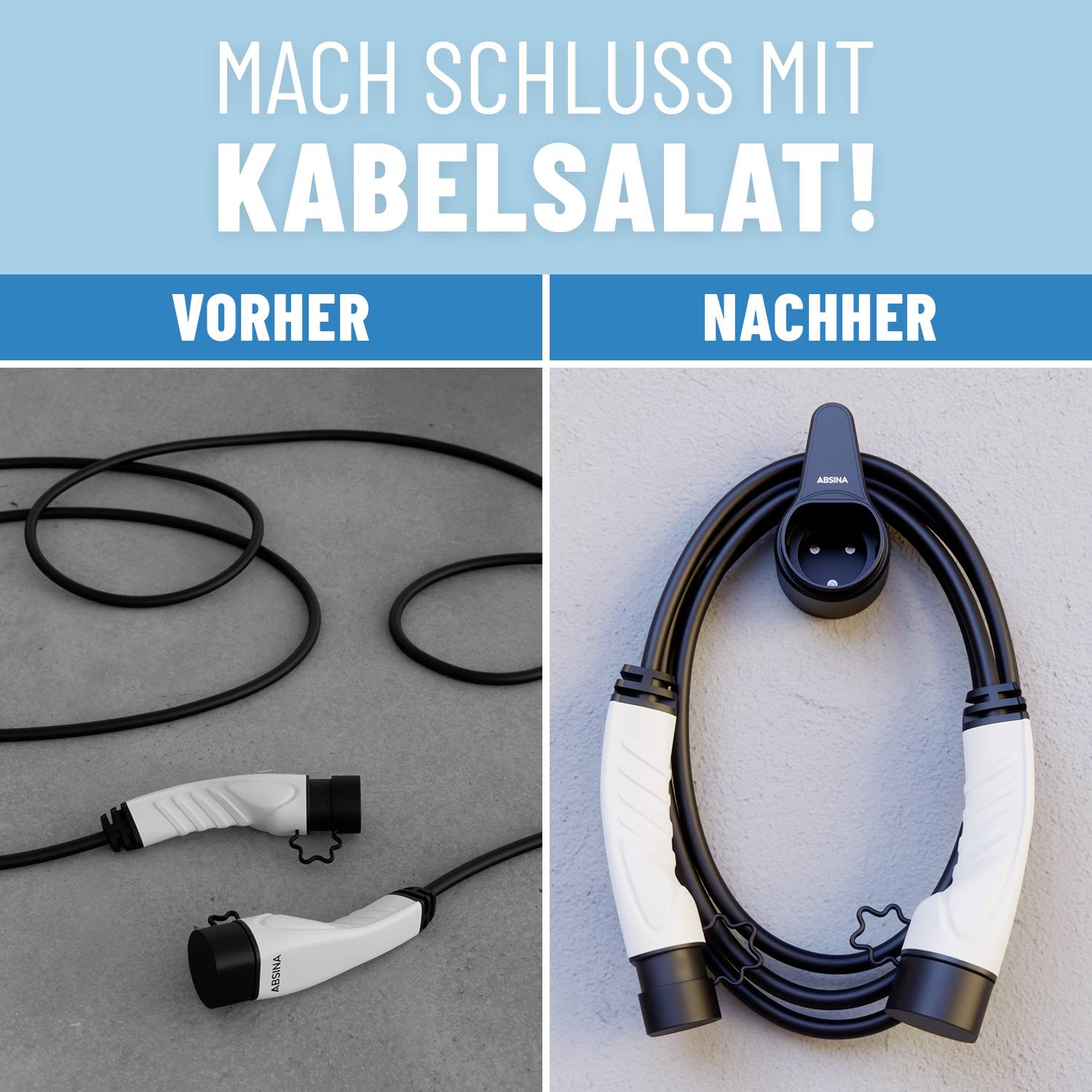 'Vorher' zeigt Kabelsalat mit unordentlichen Kabeln. 'Nachher' zeigt ordentlich aufgerollte Kabel, was eine saubere Lösung darstellt. Text: 'MACH SCHLUSS MIT KABELSALAT!'