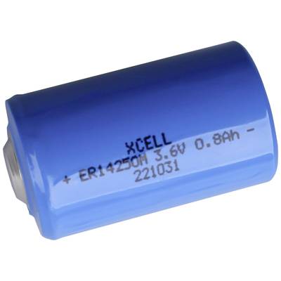 Blauer zylindrischer Akku mit der Aufschrift 'XCELL + ER14250M 3.6V 0.8Ah - 221031'.