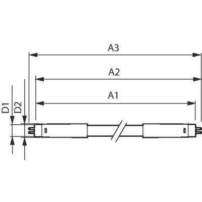 Diagramm zeigt ein Objekt mit drei Längenkennzeichnungen: A1, A2, A3. Zwei Durchmesser sind durch D1 und D2 markiert.