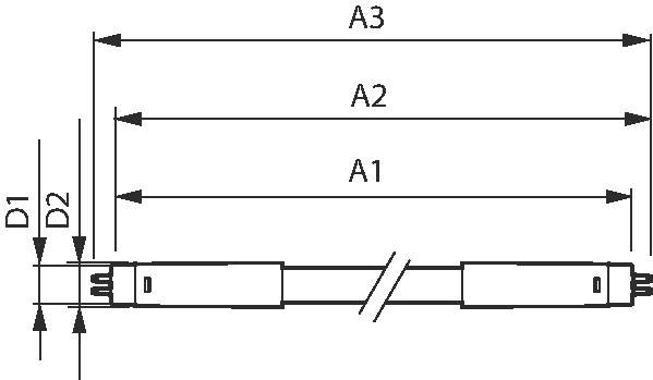 'Technische Zeichnung eines zylindrischen Objekts mit drei Längenmessern (A1, A2, A3) und zwei Durchmessermessern (D1, D2).'