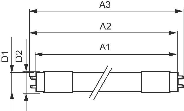 Technische Zeichnung einer Röhre mit Längenmaßen A1, A2, A3 und Durchmessern D1, D2.