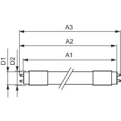 Technische Zeichnung einer Röhre mit Längenmaßen A1, A2, A3 und Durchmessern D1, D2.