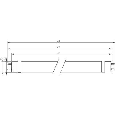 Diagramm einer Leuchtstoffröhre mit Abmessungen: A1, A2, A3 und Durchmesser D1, D2 an den Enden.