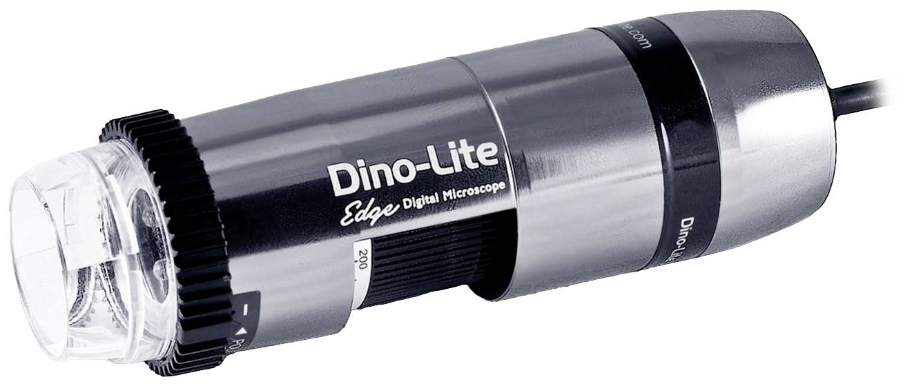 Digitalmikroskop 'Dino-Lite Edge', zylinderförmig, in Metall, Zoom-Funktion sichtbar. Genutzt für wissenschaftliche Untersuchungen.