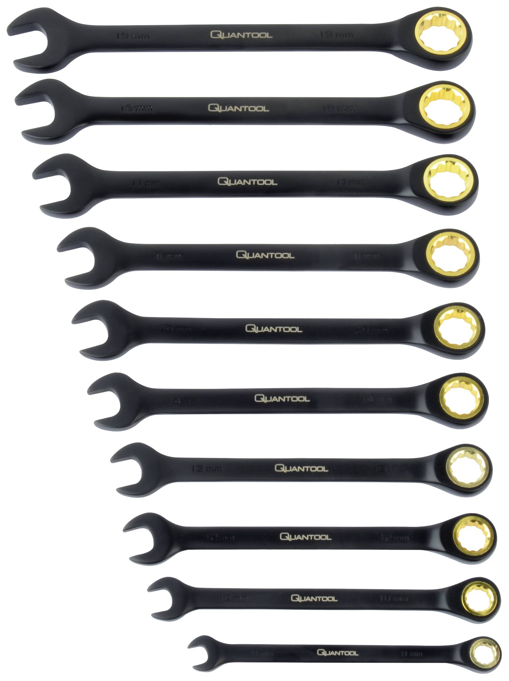 Ein Set von zehn schwarzen Ringschlüsseln unterschiedlicher Größe, gestapelt von klein bis groß, mit goldfarbenen Innenringen.