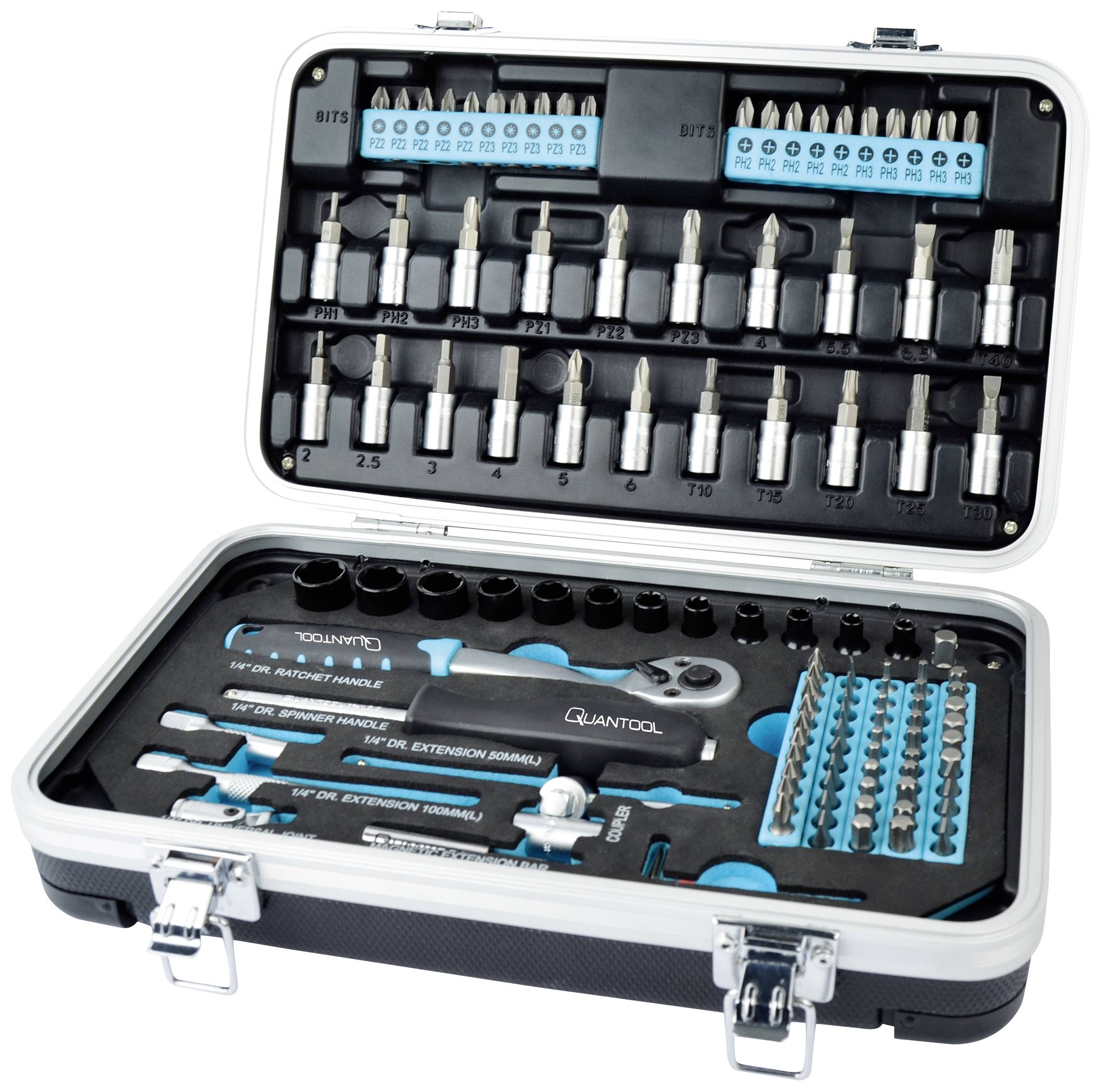 Werkzeugset im offenen Koffer, enthält Schraubendreher-Bits, Ratschen und Steckschlüssel, in organisiertem Layout für einfache Nutzung.