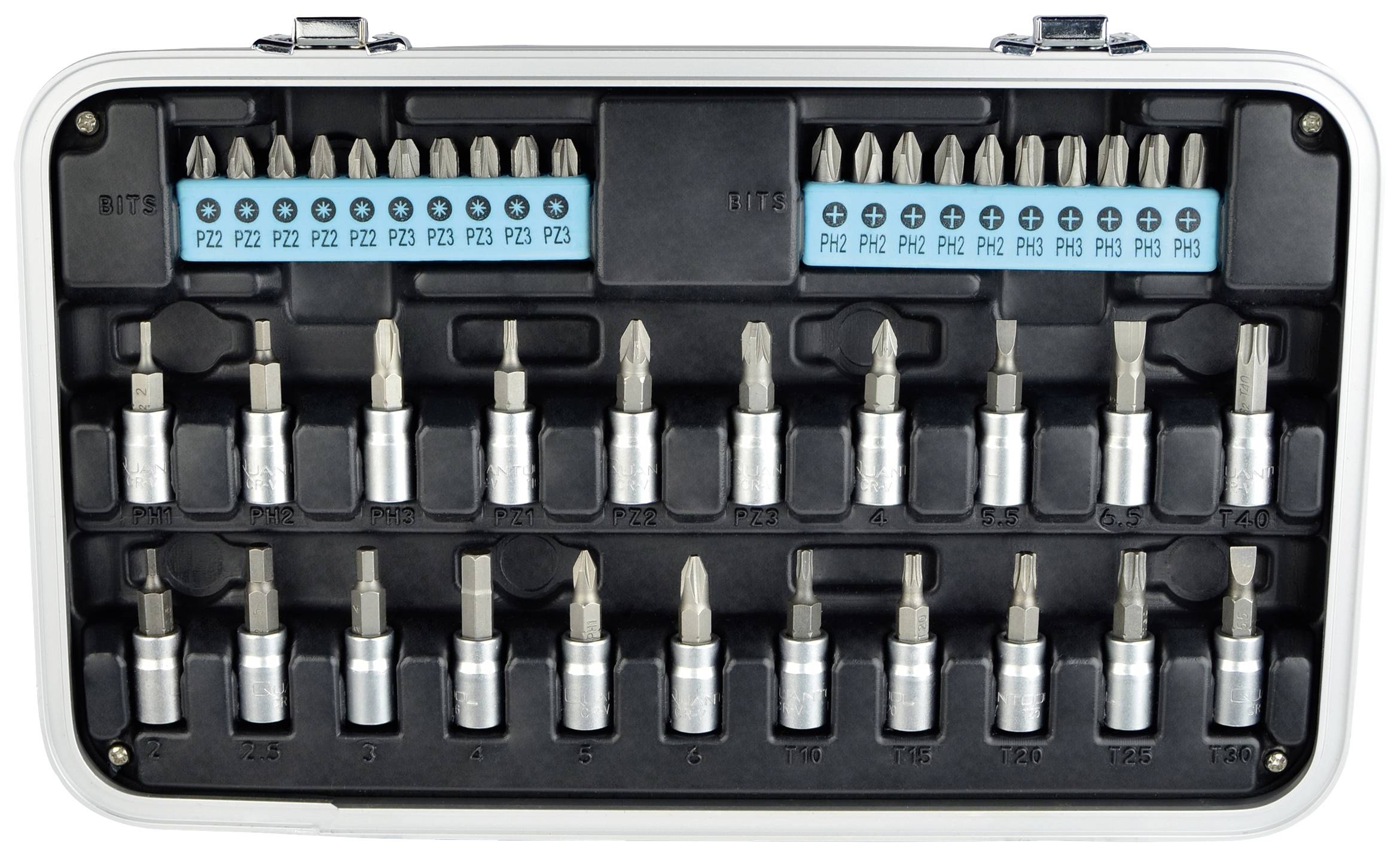 Schraubendreher-Bit-Set in einem Kunststoffkoffer, enthält verschiedene Bitgrößen und -typen, gut organisiert in Reihen.