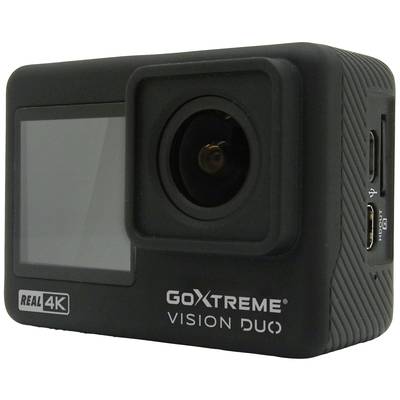 Eine schwarze Action-Kamera, Modell 'GoXtreme Vision Duo', mit 4K-Auflösung. Sie verfügt über ein Display und mehrere Anschlüsse.