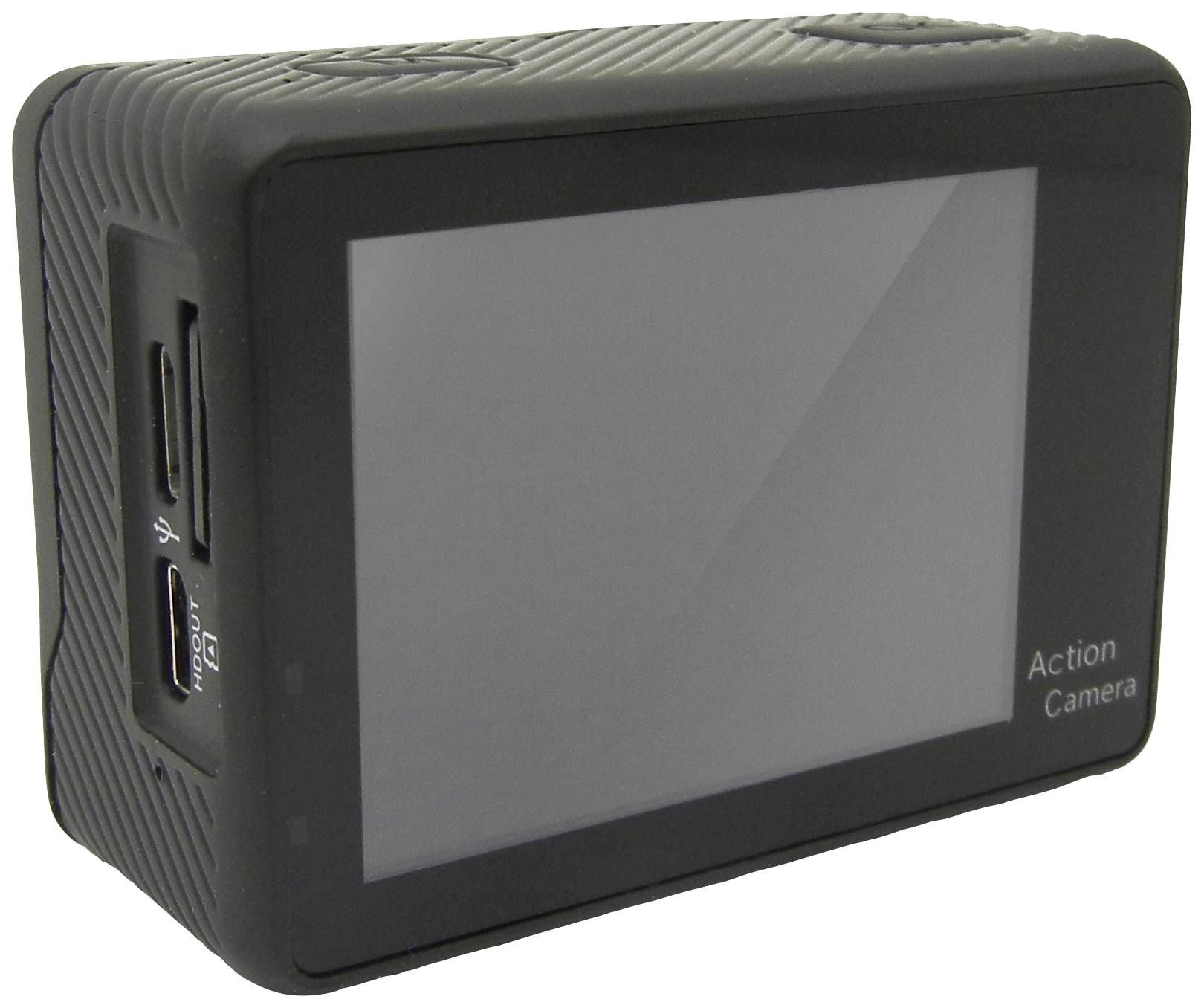 Schwarze Action-Kamera mit Display und mehreren Anschlüssen an der Seite, einschließlich USB- und Micro-SD-Steckplätzen.