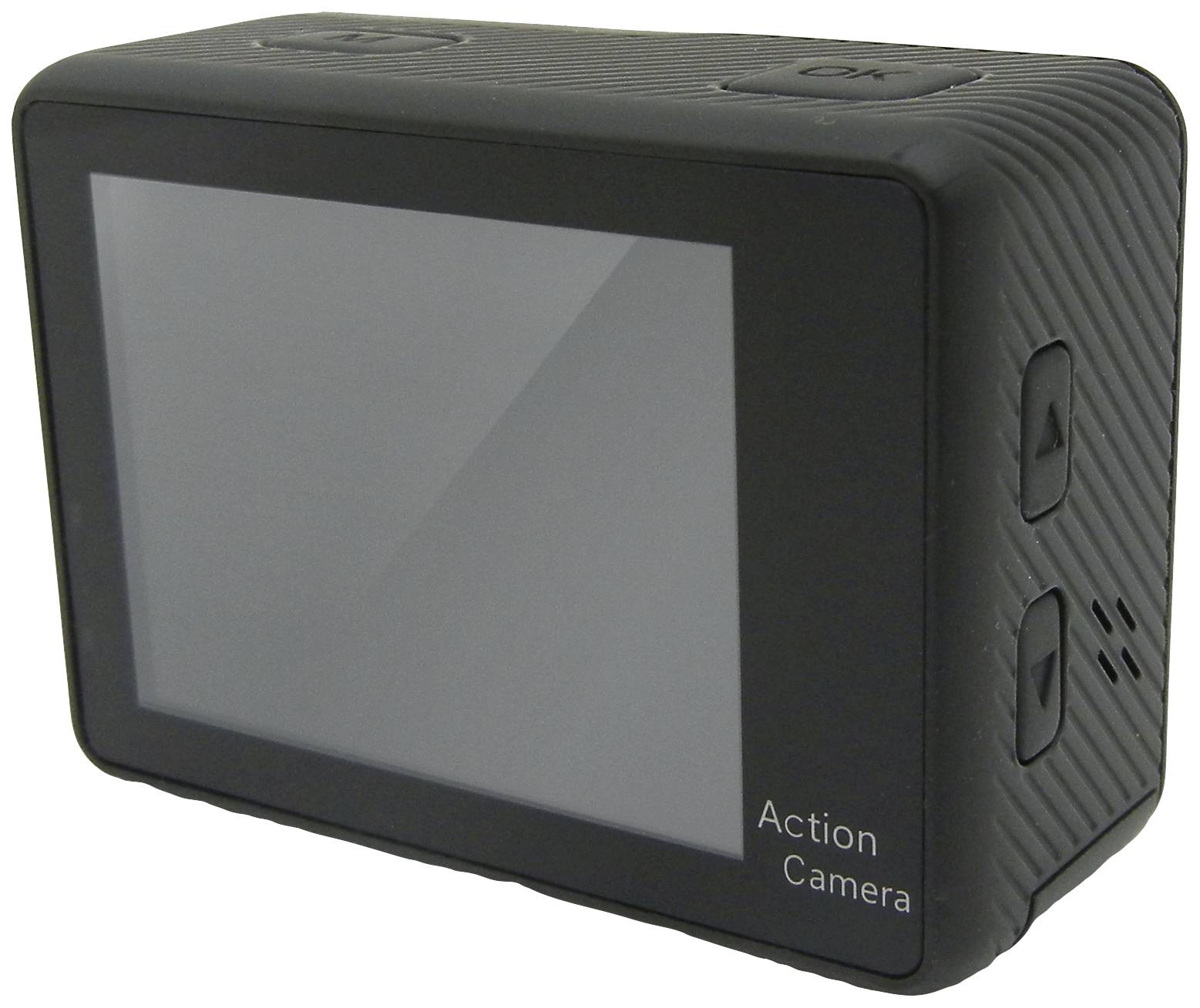 Schwarze Action-Kamera mit Display und seitlichen Bedientasten.