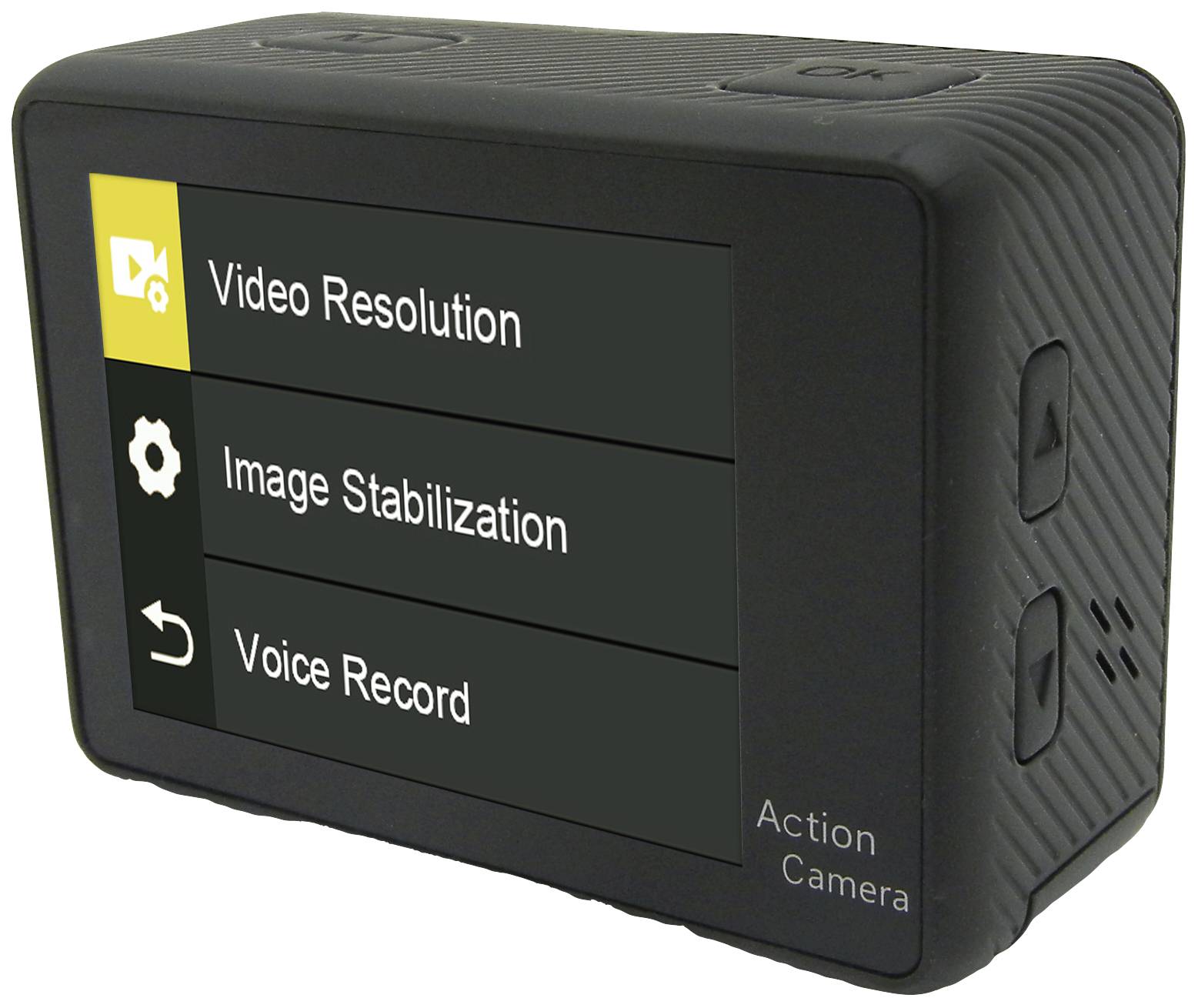 Actionkamera mit drei Menüoptionen: 'Video Resolution', 'Image Stabilization', 'Voice Record' auf dem Bildschirm.