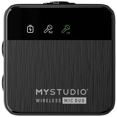 Schwarzer drahtloser Mikrofonsender mit Batterie- und Mikrofonsymbolen auf dem Display. Logo 'MYSTUDIO WIRELESS MIC DUO' unten.
