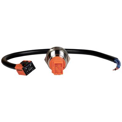 Ein orangefarbener elektrischer Steckverbinder mit langem, schwarzem Kabel und freiliegenden Enden zur Verkabelung.