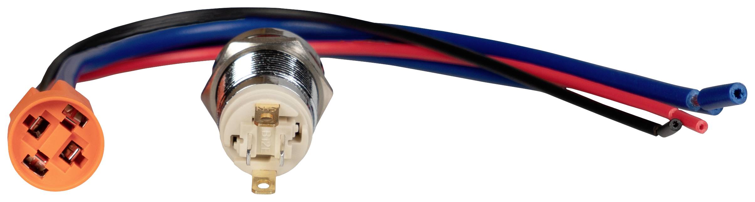 Ein elektrischer Schalter mit drei unterschiedlich farbigen Drähten: schwarz, rot und blau, zeigt Anschlüsse und Verkabelungsmuster.