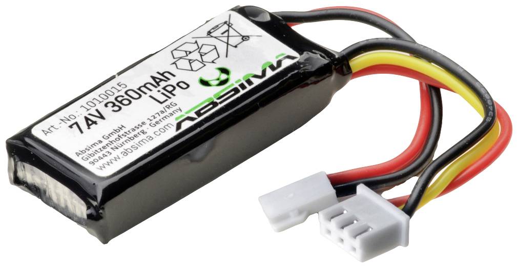 LiPo-Akku mit 7,4 V und 360 mAh. Schwarzes Gehäuse mit Kabeln und Stecker. Geeignet für elektrische Anwendungen.
