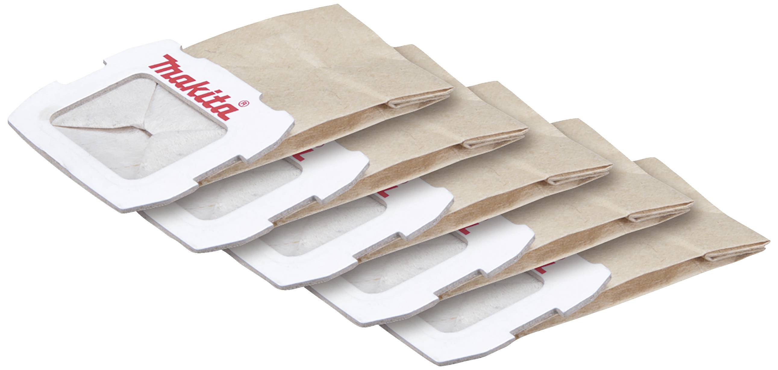 Sechs Staubsaugerbeutel aus braunem Papier, gestapelt. Markenname 'Makita' ist auf den weißen Kartonlaschen sichtbar.