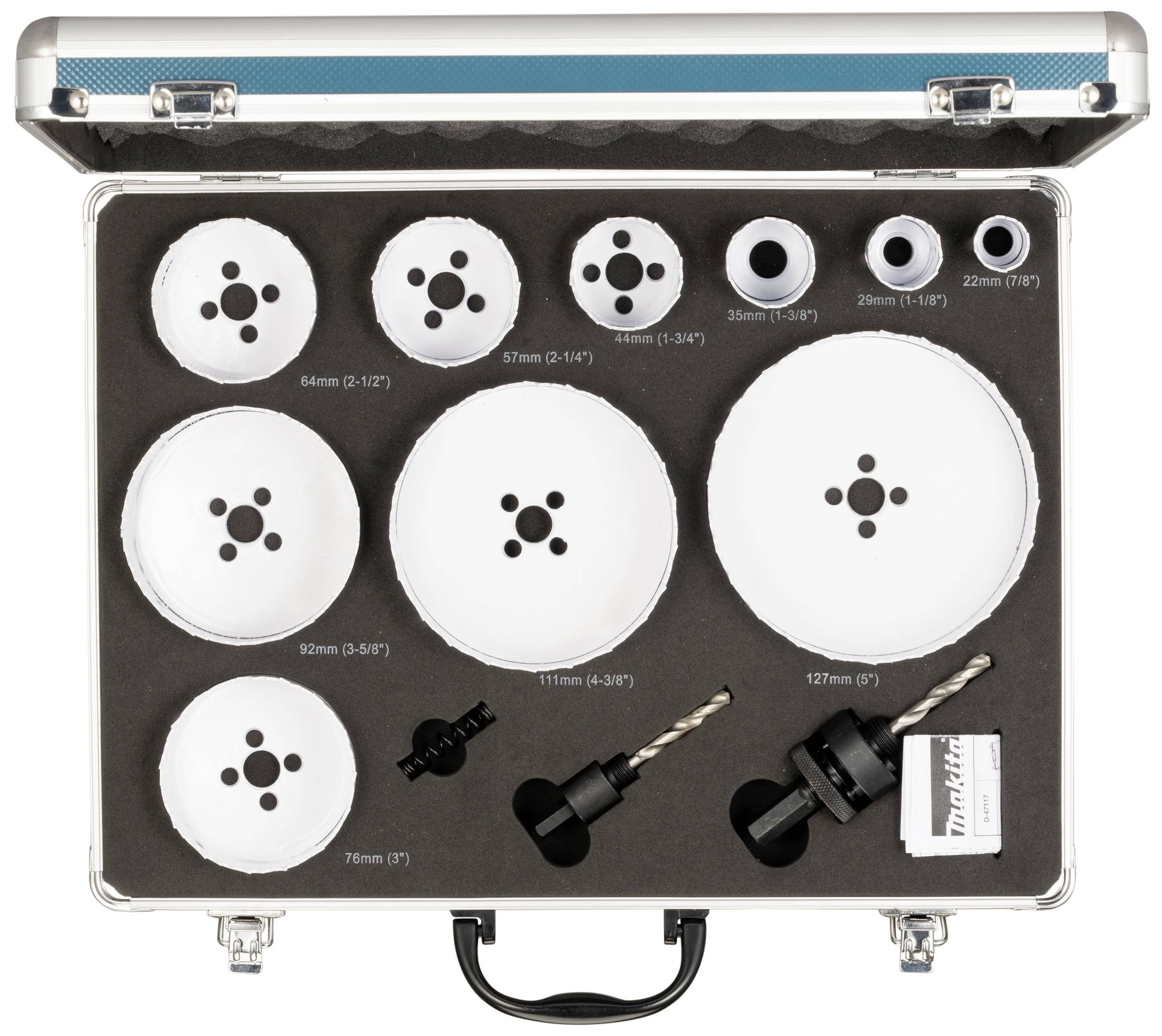 'Werkzeugkoffer mit verschiedenen Lochsägen, Bohrern und Zubehör in Schaumstoffeinlage, bereit für Handwerks- oder Bauarbeiten.'