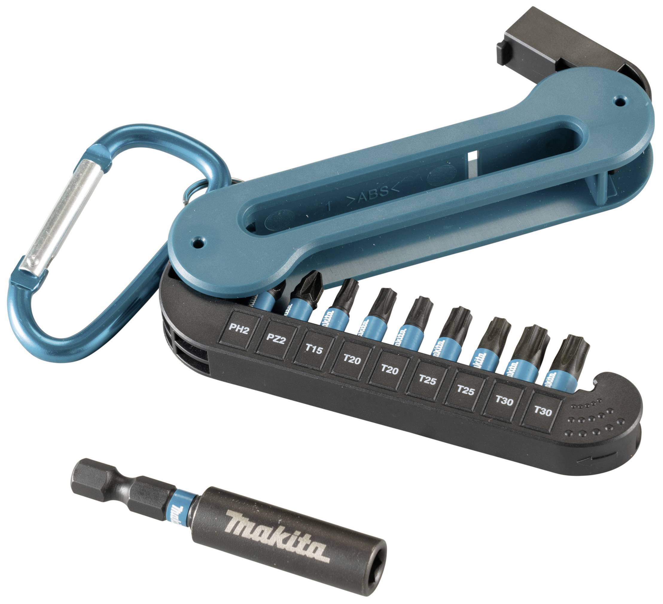 Ein Set von Makita-Bits in einem klappbaren Halter mit integriertem Karabinerhaken. Enthalten sind verschiedene Größen für Torx und Kreuzschlitz-Schrauben.