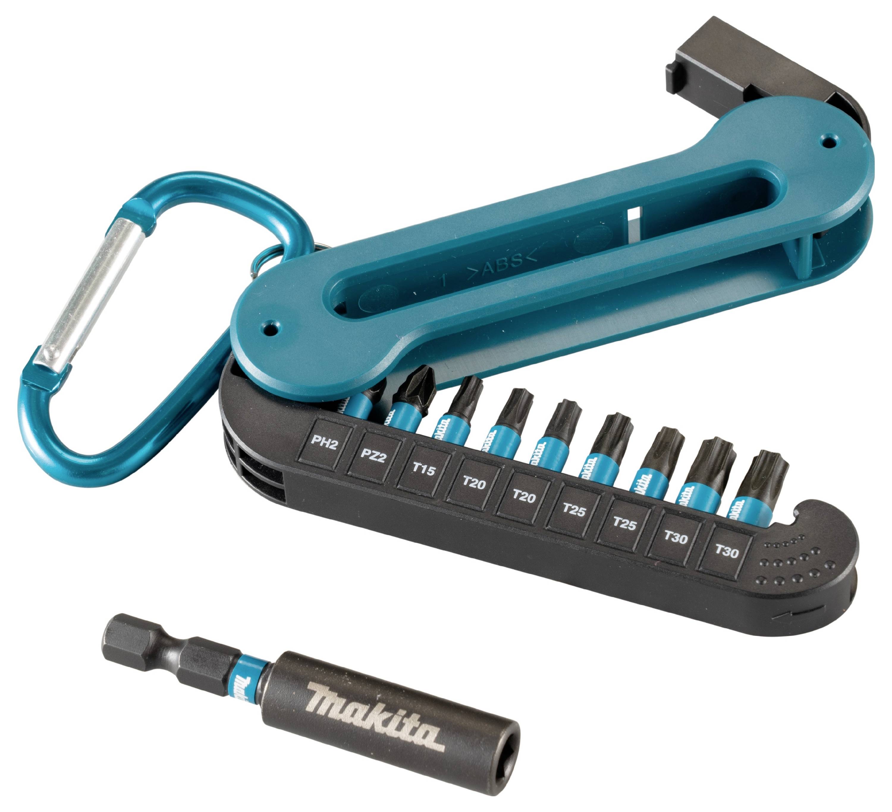 Akkuschrauber-Bit-Set mit blauem Gehäuse und schwarzem Bohrkopf. Inklusive acht verschiedener Bits in einer Halterung mit Karabiner.