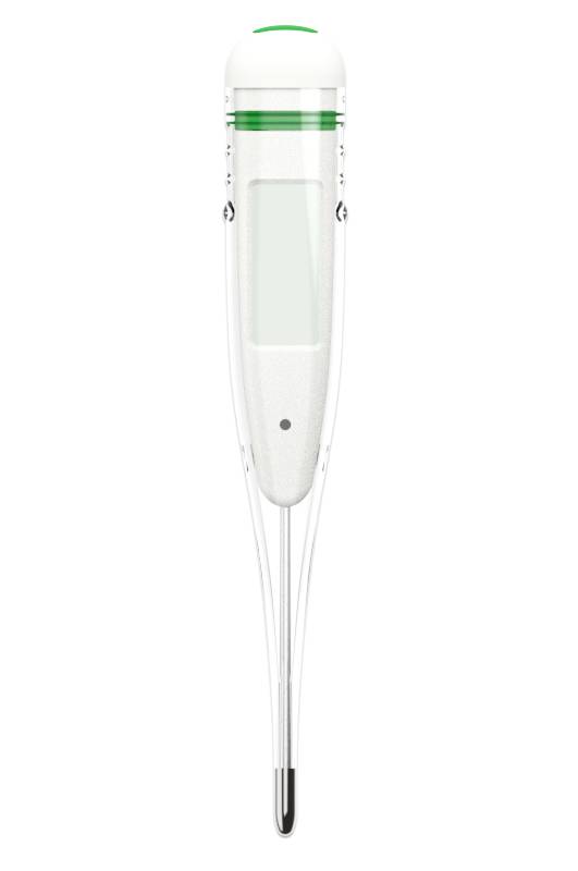 Digitalthermometer mit grünem Knopf, transparentem Gehäuse und silberner Spitze, zum Messen der Körpertemperatur.