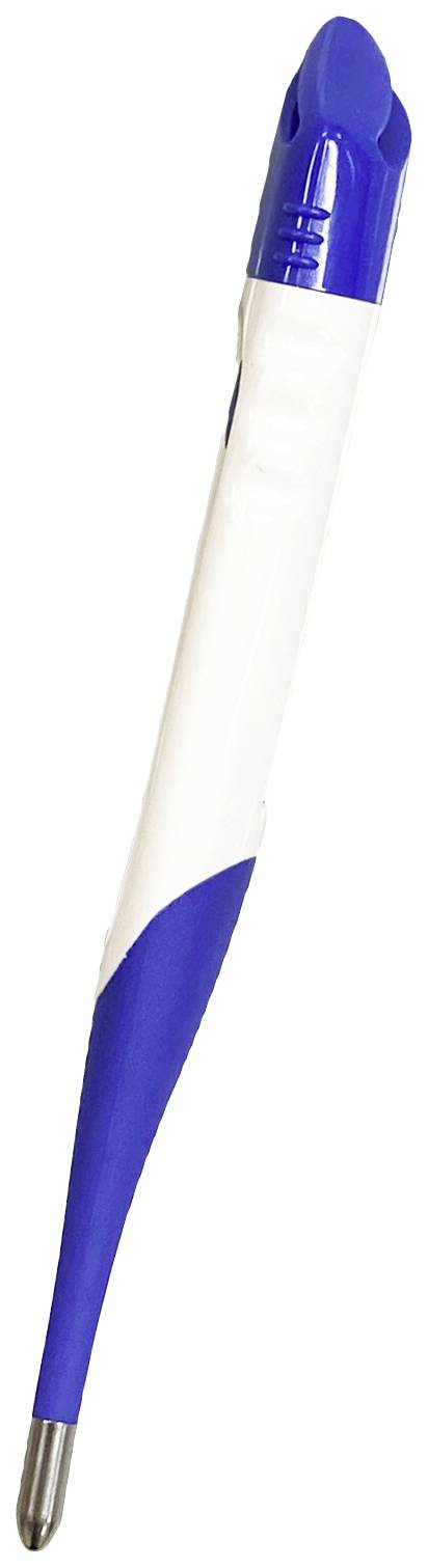 Ein blauer Kugelschreiber mit weißem Griff, Spitze unten, vertikal positioniert auf weißem Hintergrund.