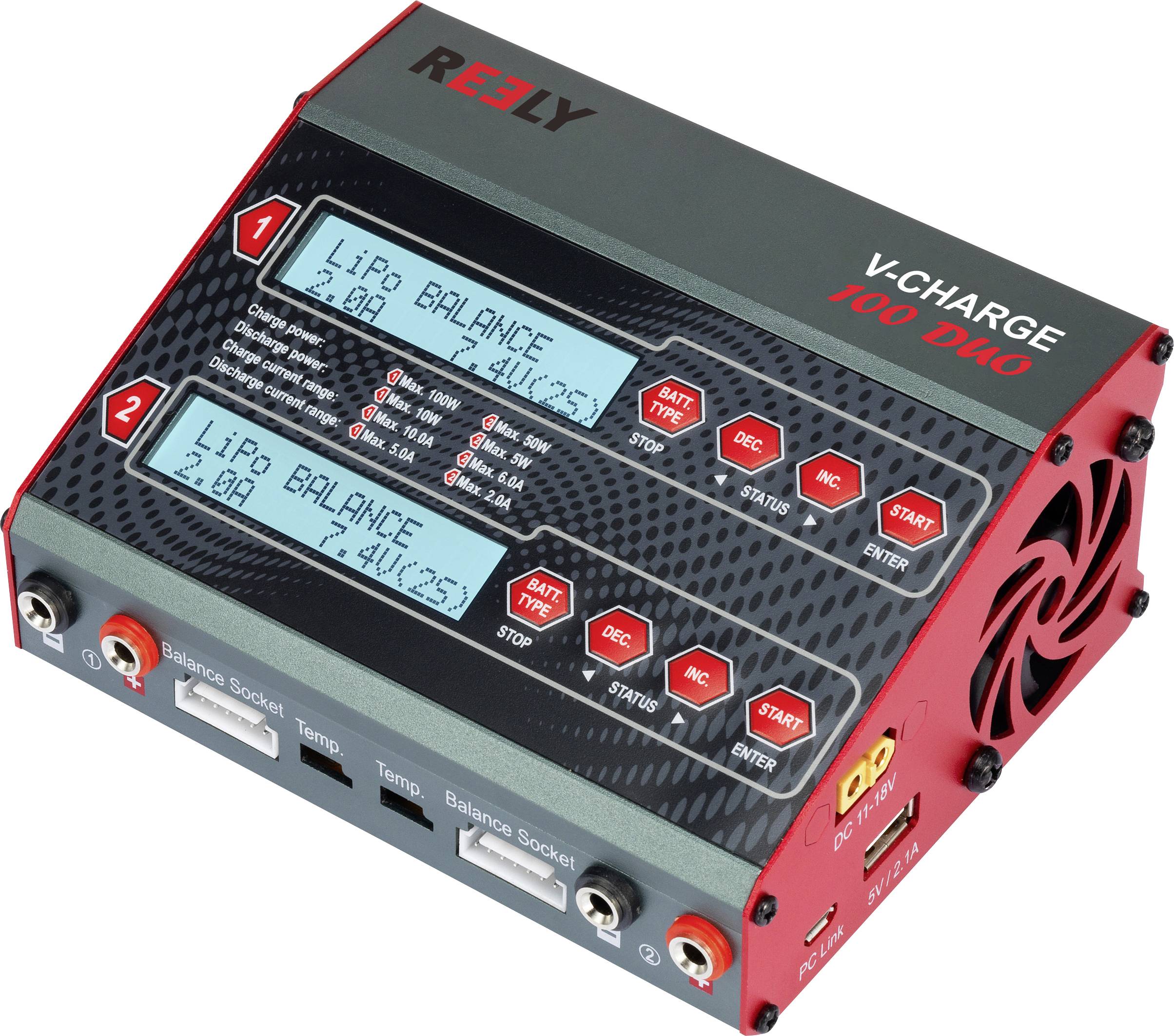 Das Bild zeigt ein Dual-Ladegerät, bei dem zusätzlich noch Temperatursensoren angeschlossen werden können. Die Sensoren werden außen am Akku angebracht.