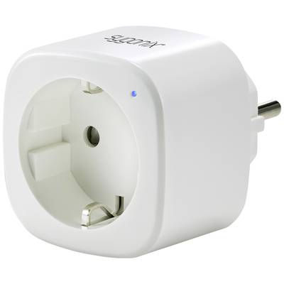 Ein weißer, runder Smart-Stecker mit einem EU-Stecker und einer kleinen blauen LED-Anzeige.